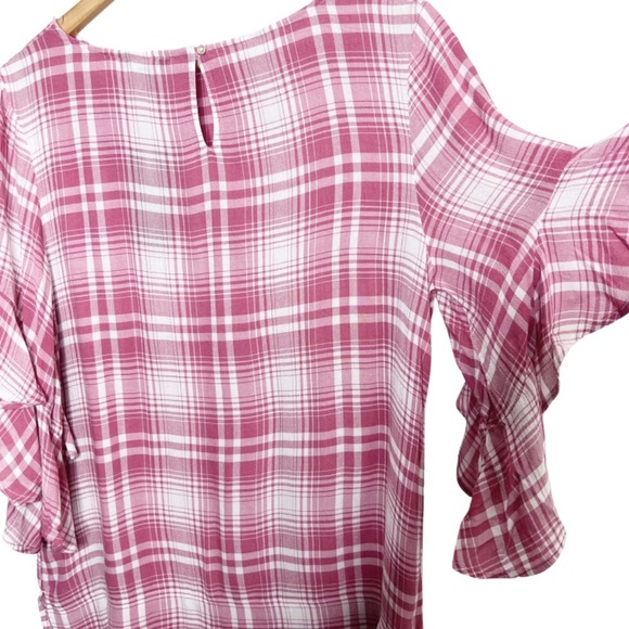 New with Tag Chaps Women’s Plaid Pink White Short Flutter Sleeve Ruffle Blouse - Picture 11 of 16